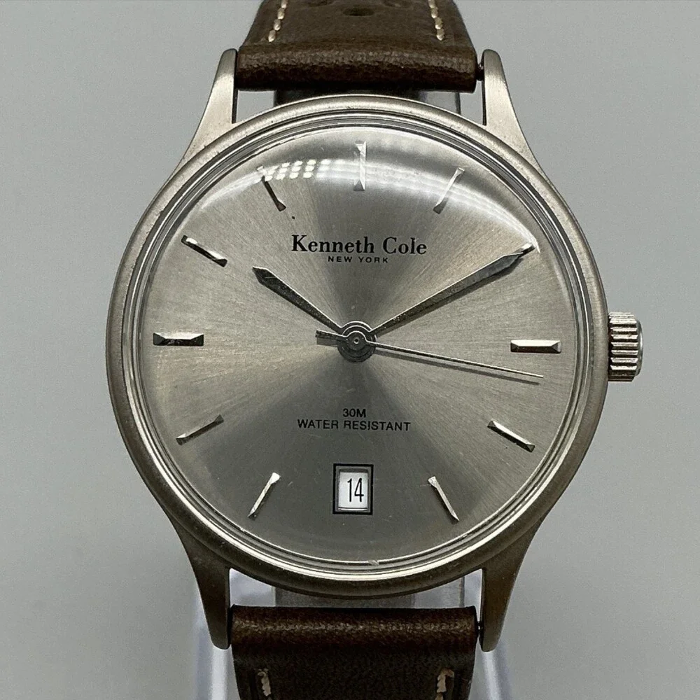 Kenneth Cole KC1029 Mens Watch 36mm Silver Tone Brown Leather New Battery